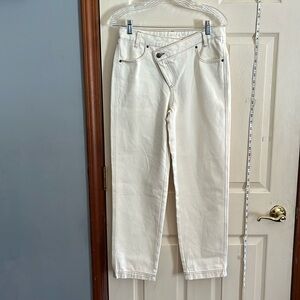 New-future collective-2-cream-Overlap waist jeans, zip& button to close.